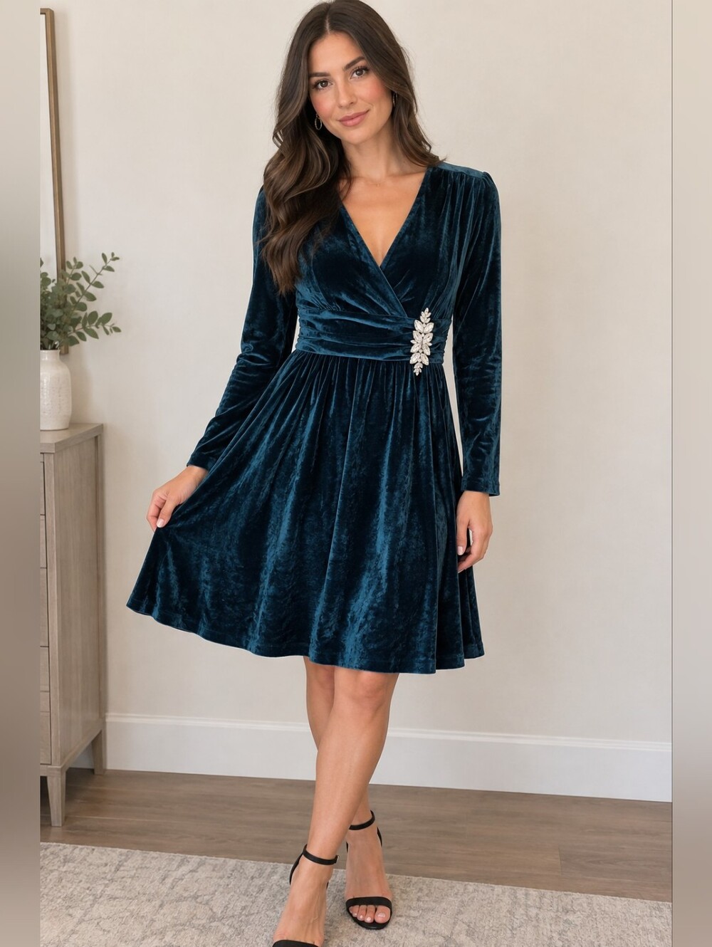 VENUS Teal Velvet Long Sleeve Dress with Jeweled Brooch